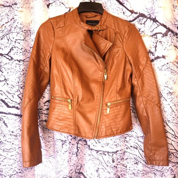 CARAMEL FAUX LEATHER JACKET S Therapy Brown Tan Moto Vegan Fall Classic Retro - Picture 2 of 11